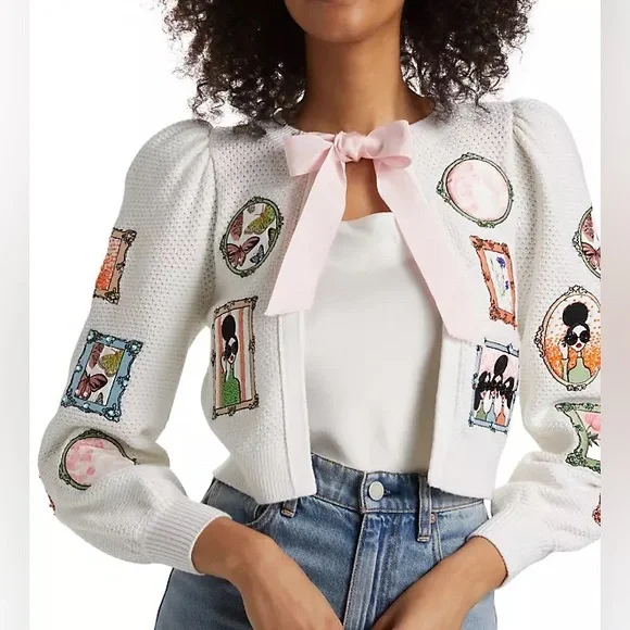 Alice + Olivia Kitty Stace Face Frame Wool Blend Cardigan - Picture 1 of 14